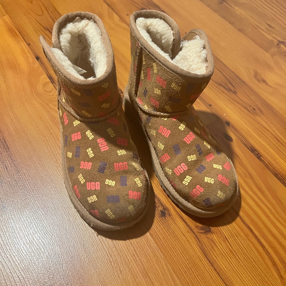 UGG Tan Boots with Colorful Logo Pattern
